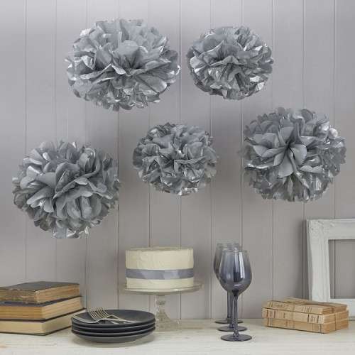 Ginger Ray Silver Pom Poms, 5 Pcs