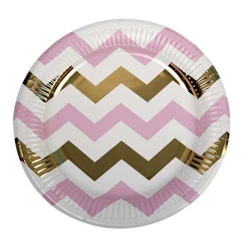 Paper Plates Chevron Pink/Gold, 8 pcs