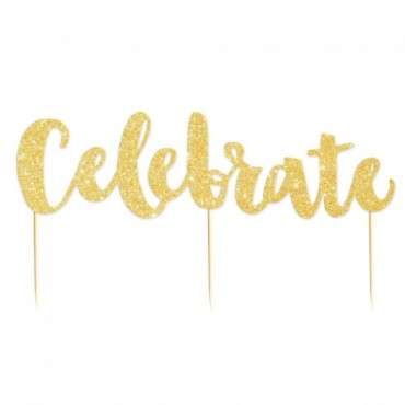 Celebrate Gold Glitter Cake Topper