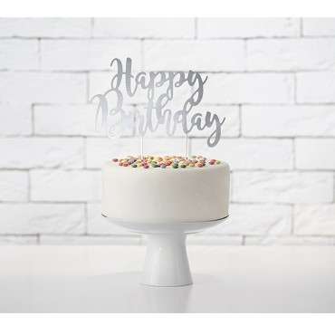 Silver Happy Birthday Cake Decorating Topper