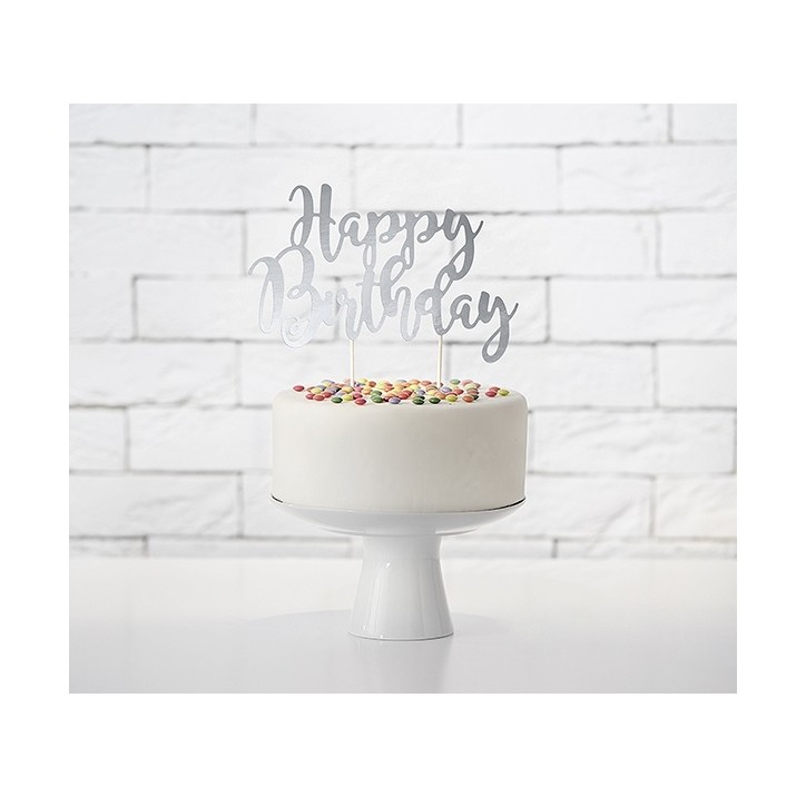 Silver Happy Birthday Cake Decorating Topper