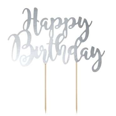 Silver Happy Birthday Cake Decorating Topper