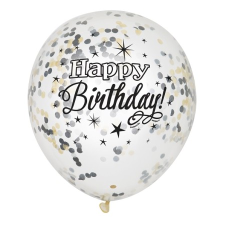 Happy Birthday Confetti Balloons - Silver & Gold 6pk