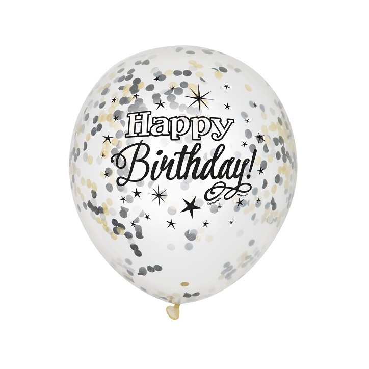 Happy Birthday Confetti Balloons - Silver & Gold 6pk