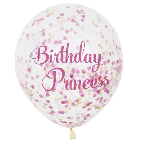 Unique Party Birthday Princess Clear Balloons with Pink Confettis, 6 pcs