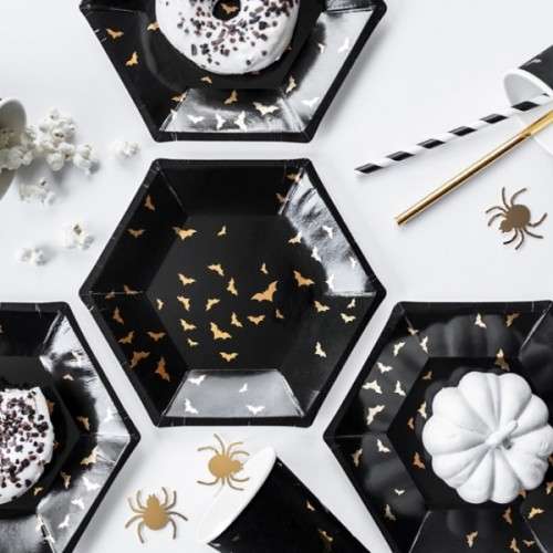 PartyDeco Bat Cake Plates Black/Gold, 6 pcs