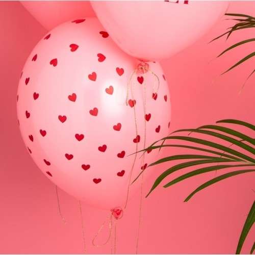 PartyDeco Pink Balloons with Red Hearts, 6 pcs