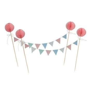 Retro Design Cake Bunting Topper with Pink Pom Poms