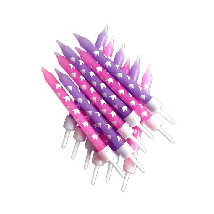 Unicorn Birthday Candles Pink & Lilac with Holders