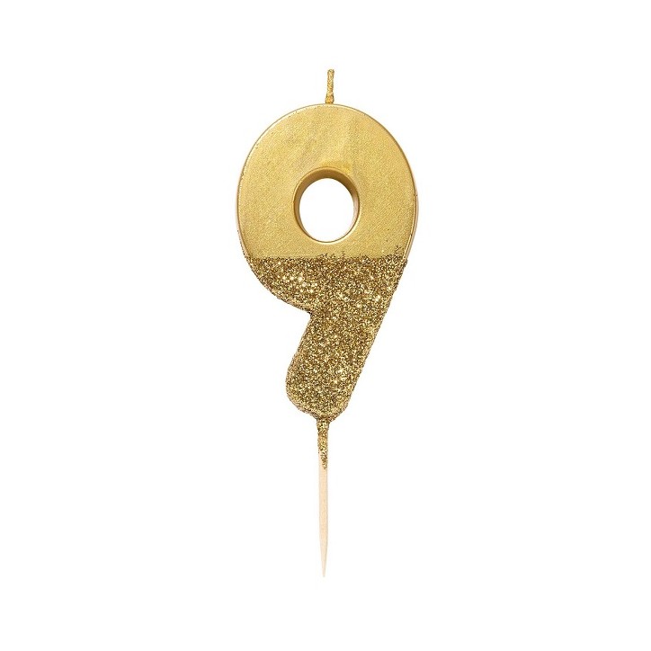 We Heart Birthdays Gold Glitter Number Candle 9