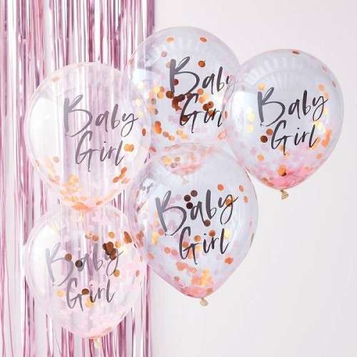 Ginger Ray Baby Girl Confetti Balloons Pink / Rose Gold, 5 pcs