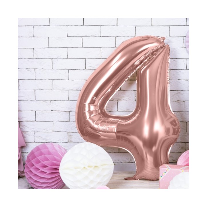 Partydeco XXL number 4 balloon metallic rosegold