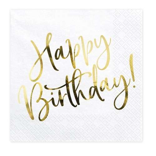 PartyDeco Gold Happy Birthday Napkins, 20 pcs