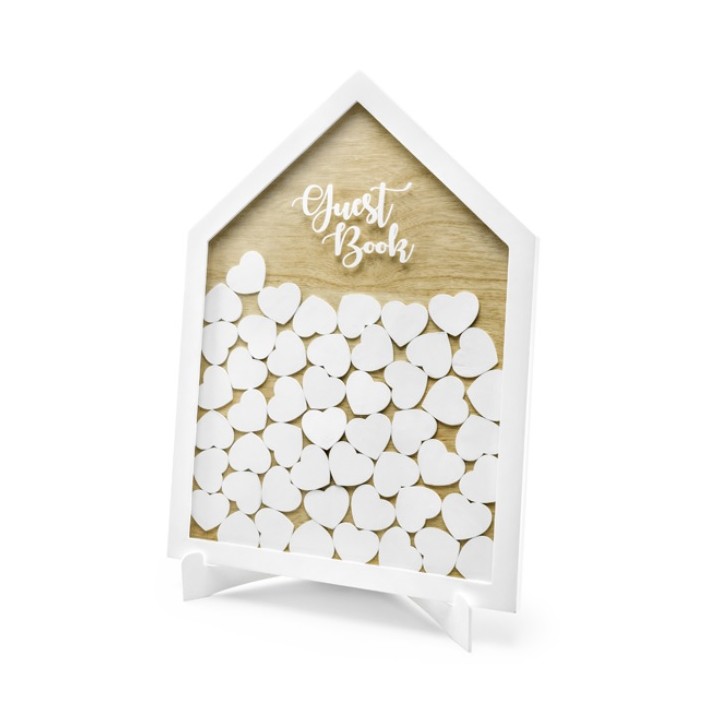 House Wooden Frame Guest Book - with 50 Hearts - KG1