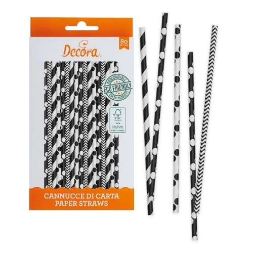 Decora Paper Straws Black & White, 80 pcs