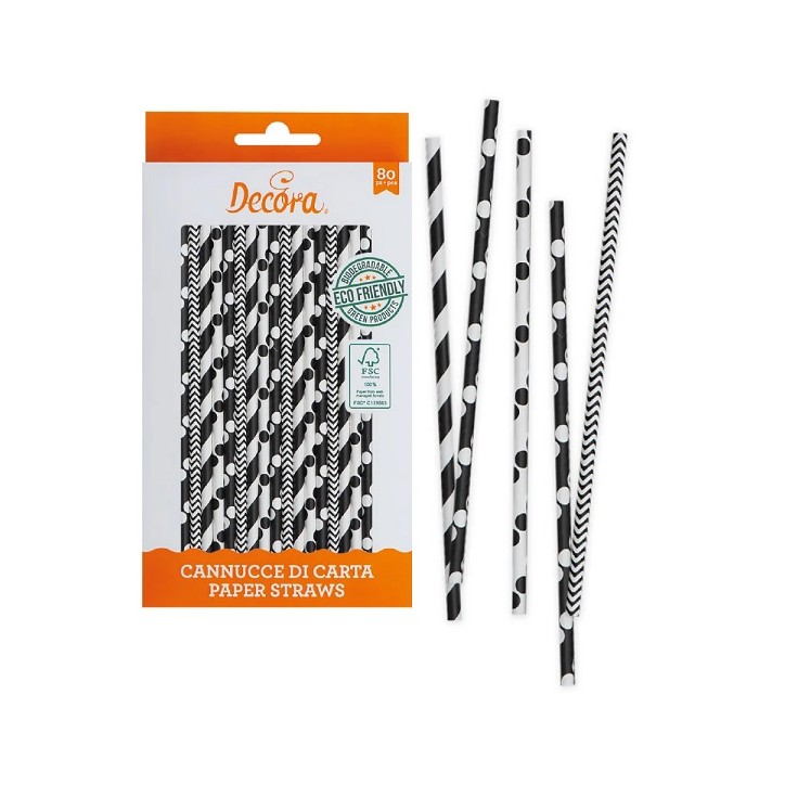 Decora Paper Straws Black/White Eco Friendly Biodegradable 0350103