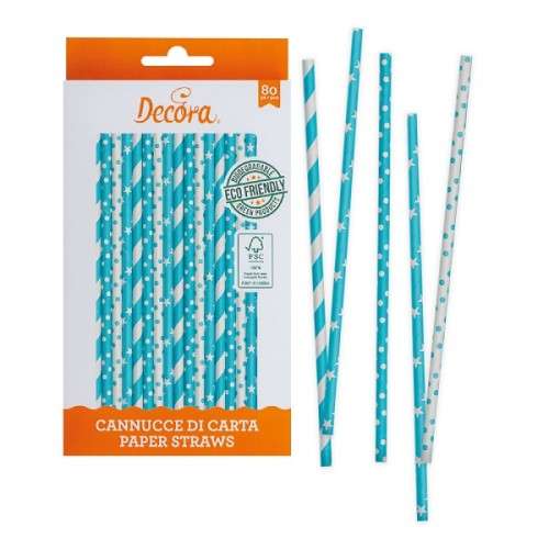 Decora Paper Straws Blue & White, 80 pcs