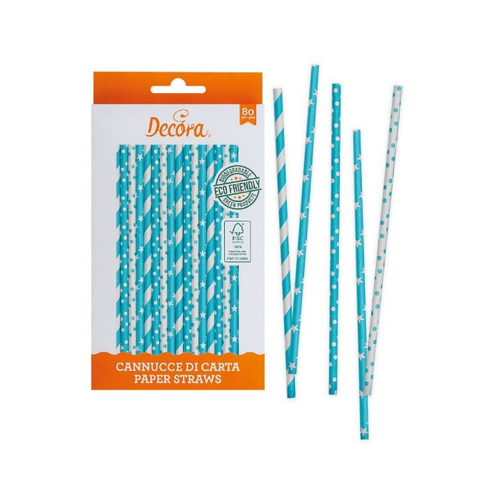 80 Paper Straws Blue & White Decora 0350108