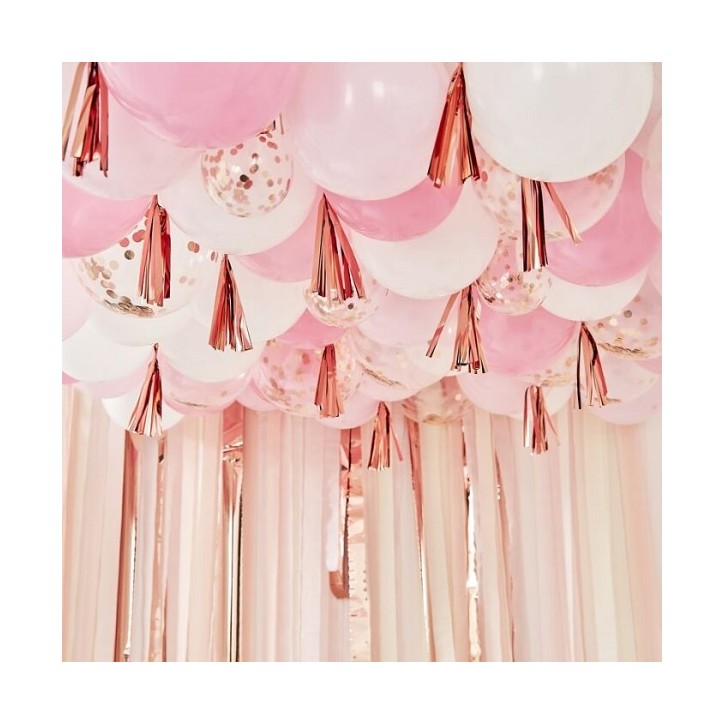 Blush, White And Rose Gold 160 Ceiling Balloons With Tassels Show Stopper