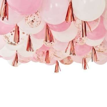 Blush, White And Rose Gold 160 Ceiling Balloons With Tassels Show Stopper