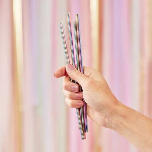 Ginger Ray 5 Metallic Rainbow Stainless Steel Straws with cleaning brush