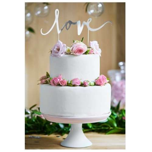 PartyDeco Love Cake Topper - Silver, 16cm