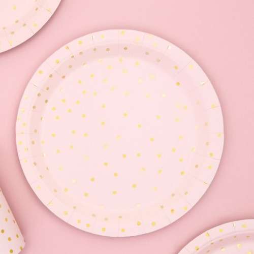 PartyDeco Light Pink Cake Plates with Gold Polka Dots, 6 pcs