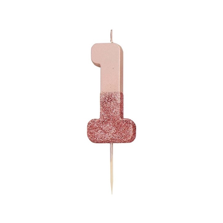 Rosagold Geburtstagskerze Zahl 1 mit Glitzer - Talking Tables We Heart Birthdays Rose Gold Glitter Number Candles