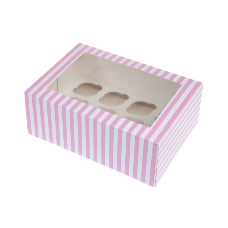 12 Mini Cupcake Schachteln Pink gestreift, 2er Pack