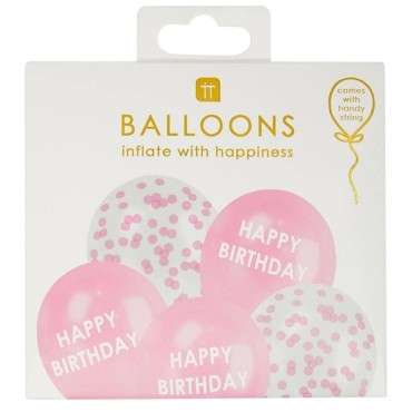 5 Assorted Pink Printed and Confetti Balloons