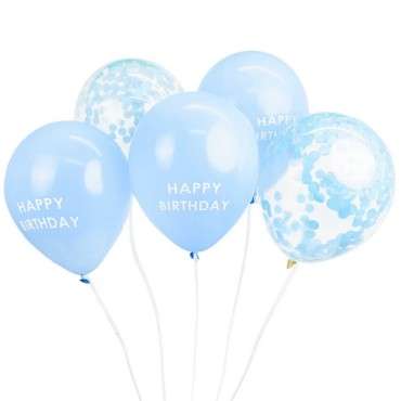 5 Assorted Blue Mix Balloons with Happy Birthday and Confetti