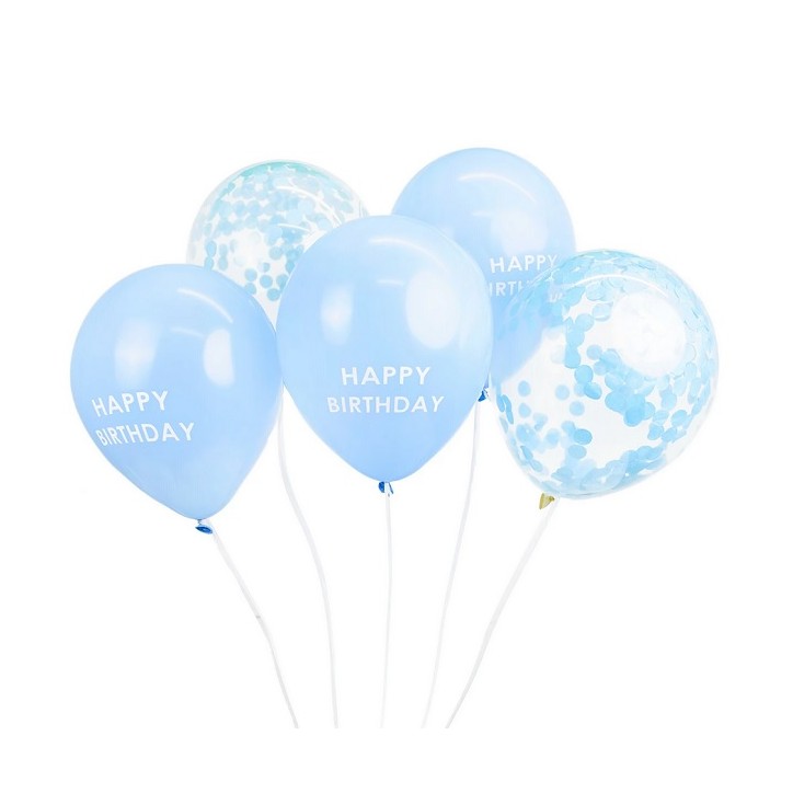 5 Assortiert Blaue Mix Ballons mit Happy Birhday und Konfetti