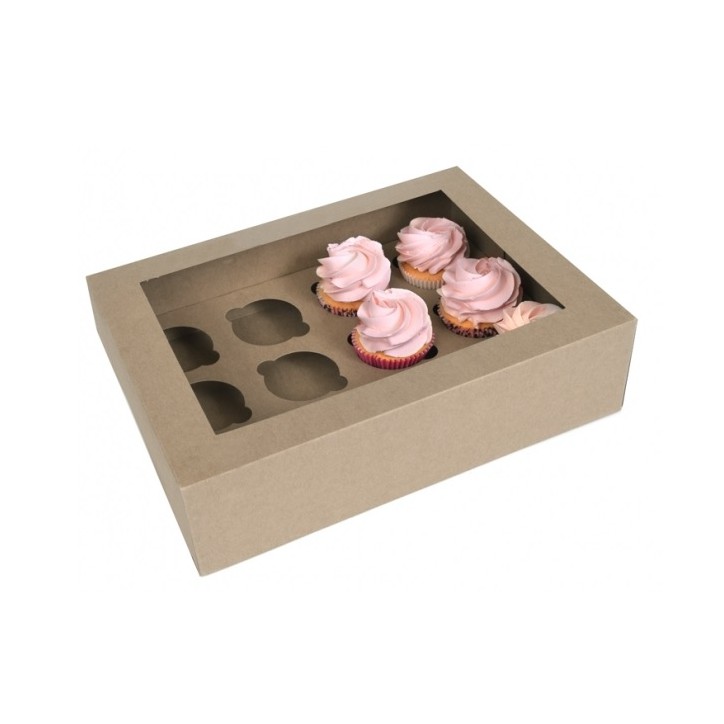 House of Marie ECO- Line 12 cupcakebox KRAFT paper with window incl inlays Box: FSC, recycled, Compostable