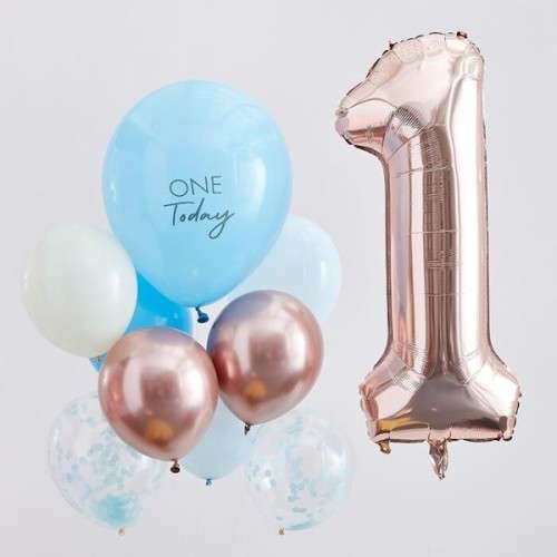 Ginger Ray Balloon Set One Today Blue and Rose Gold, 10 pcs