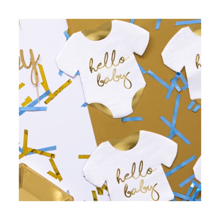 PartyDeco Babybody Hello Baby Napkins White-Gold 16cm PD-SPK13-008-019