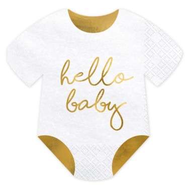 PartyDeco Babybody Hello Baby Servietten Weiss-Gold 16cm PD-SPK13-008-019