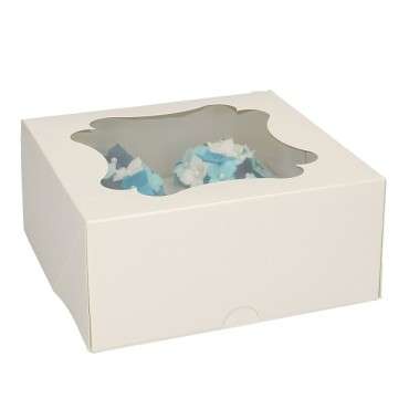 Cupcake Box - White with Window, for 4 Standard or 8 Mini Cupcakes