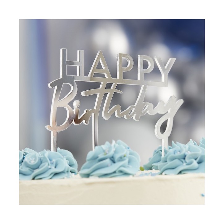 Ginger Ray Silver Happy Birthday Acrylic Cake Topper 12cm GR-MIX-570