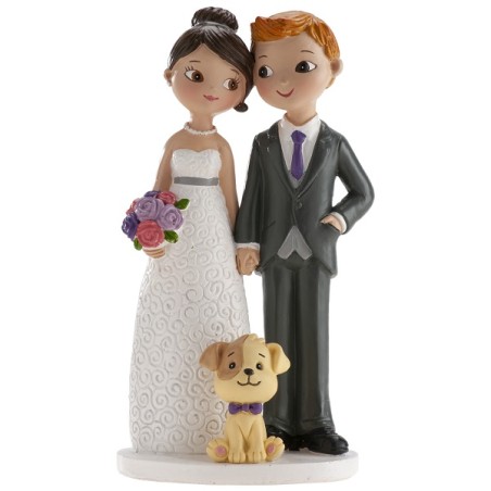 Cake Topper Wedding Figurine with Dog - Wedding couple with Dog 16cm - Cake figure Newly weds with dog 305104