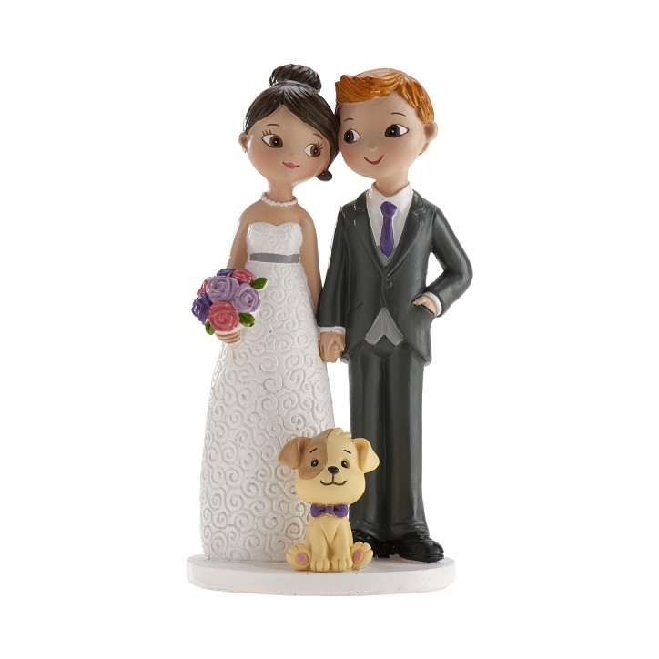 Cake Topper Wedding Figurine with Dog - Wedding couple with Dog 16cm - Cake figure Newly weds with dog 305104