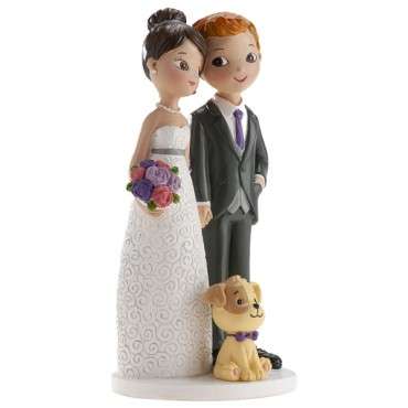 Cake Topper Wedding Figurine with Dog - Wedding couple with Dog 16cm - Cake figure Newly weds with dog 305104