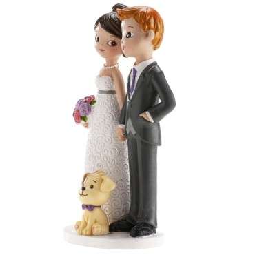 Cake Topper Wedding Figurine with Dog - Wedding couple with Dog 16cm - Cake figure Newly weds with dog 305104