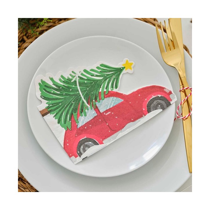 Papierservietten Rotes Auto mit Tannenbaum - Little Red Car Servietten - Weihnachtsservietten