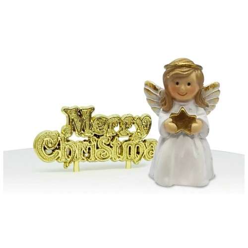 Anniversary House Angel Resin Cake Topper with Merry Christmas Motto