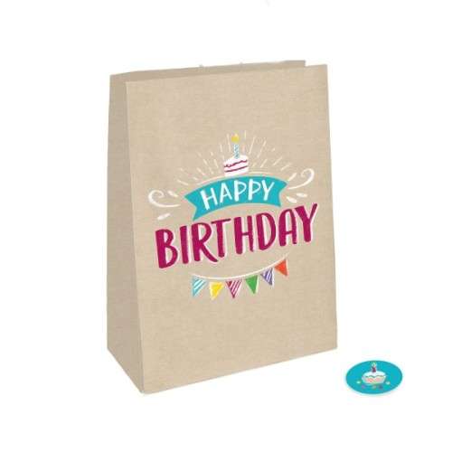 Amscan 4x Happy Birthday Geschenktüten Kraftpapier, 14.7x21cm