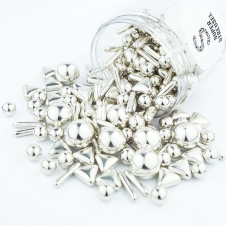 Silver Cake Decoration - Silver Sugar Decor - Silver Superstreusel Rods&Balls Silver