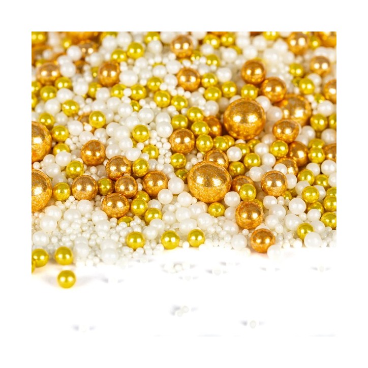 Goldener Perlenmix Kuchendekor - Gold/Weisse Zuckerperlen Mix - GoldFlake Kuchendekor 115701