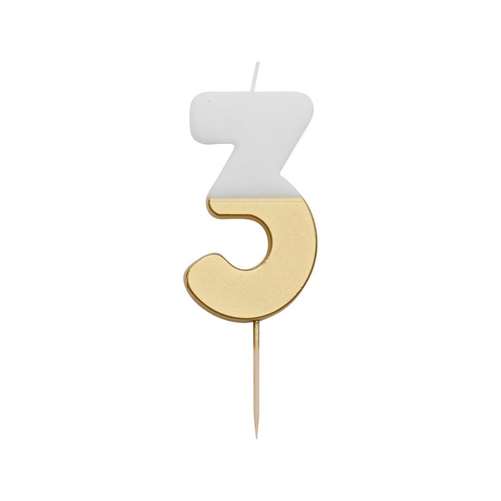 Elegant Number 3 Birthday Candle Gold/White - We heart Birthday Candle Gold 3