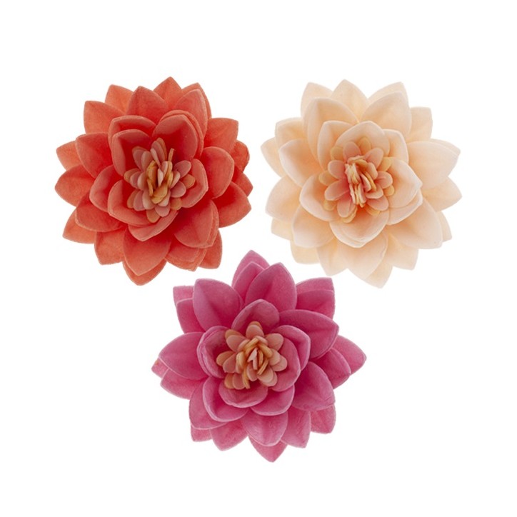 3 COLORS LOTUS WAFER FLOWER Ø 7CM - 126154 - Edible Lotus Blossom Cake Decoration