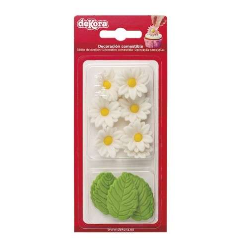 DeKora White Marguerites and Leaves Cake Decor, 12 pcs